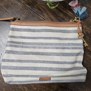 Fossil Tan and Gray Striped Wristlet